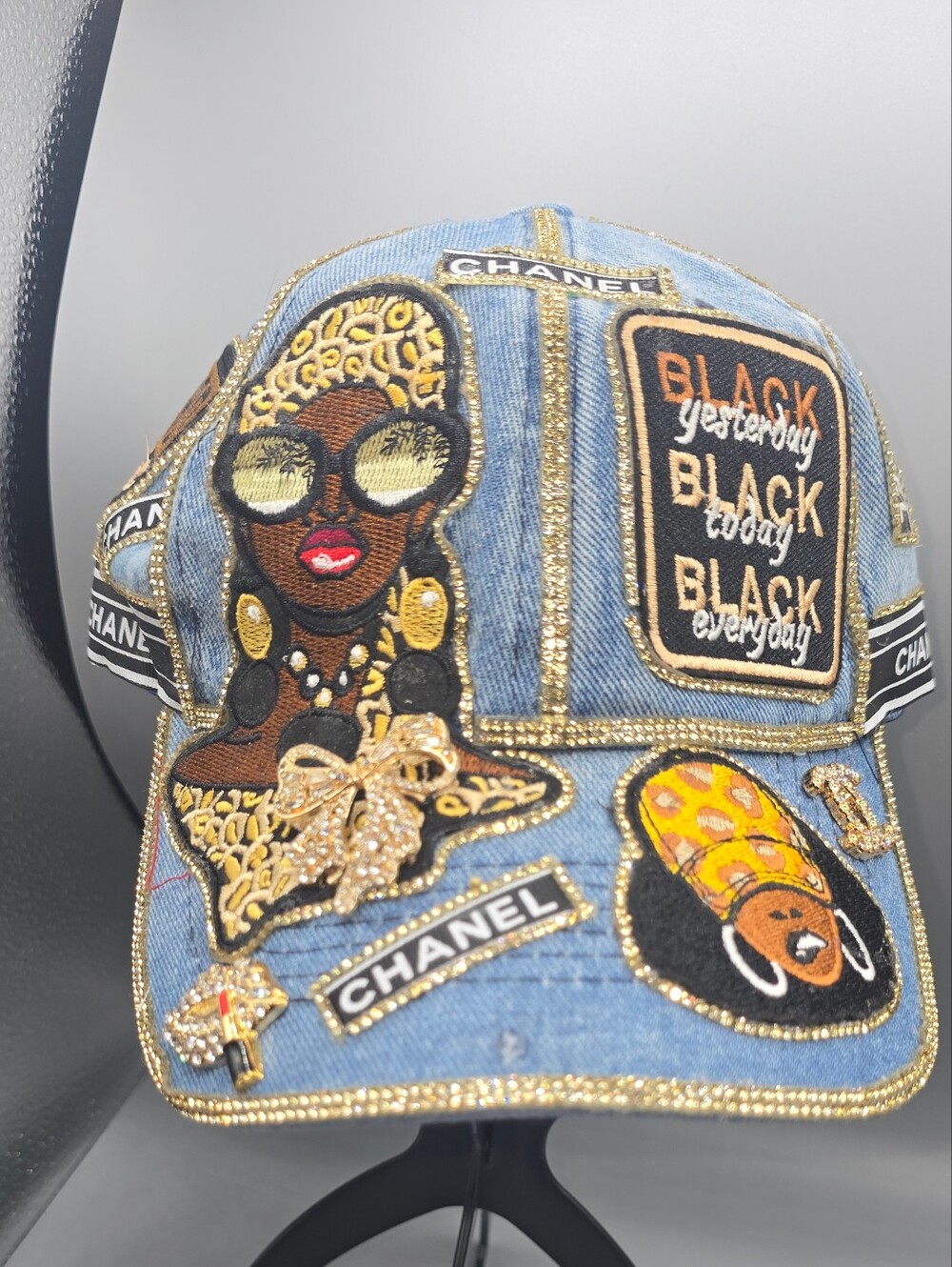 Denim Patchwork Baseball Cap - Blue, Gold, Black